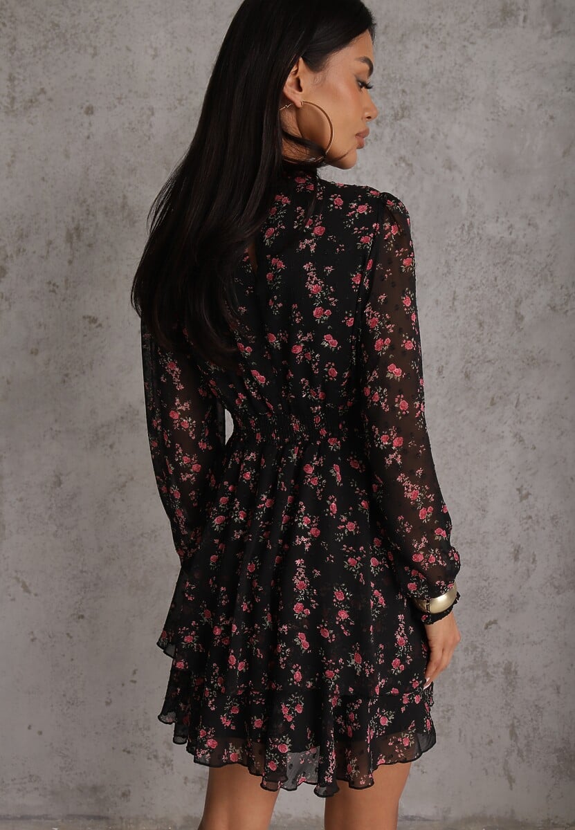 Czarna Sukienka Rozkloszowana w Kropki i Kwiatowy Print z Falbanami Ediannela 3