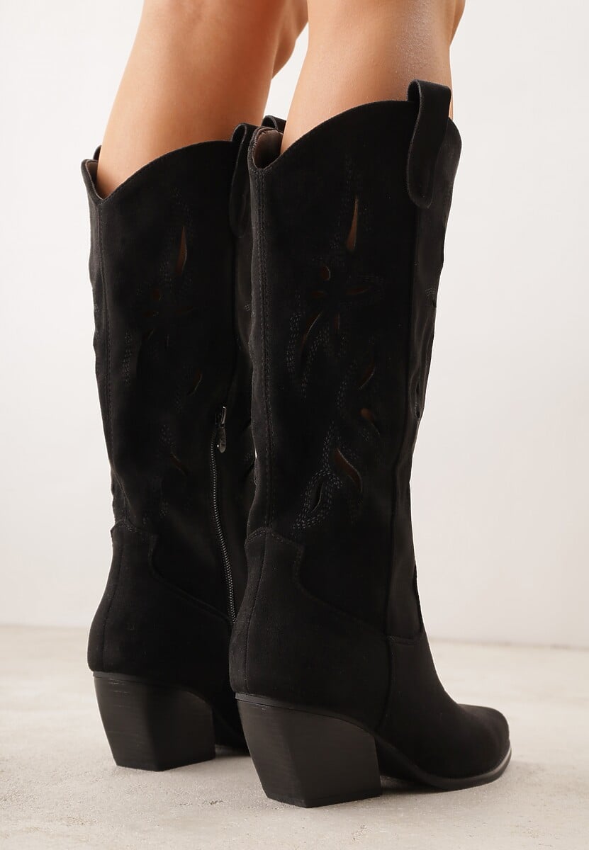 Czarne Ażurowe Kozaki Kowbojki na Obcasie typu Stożek Tidrina 3