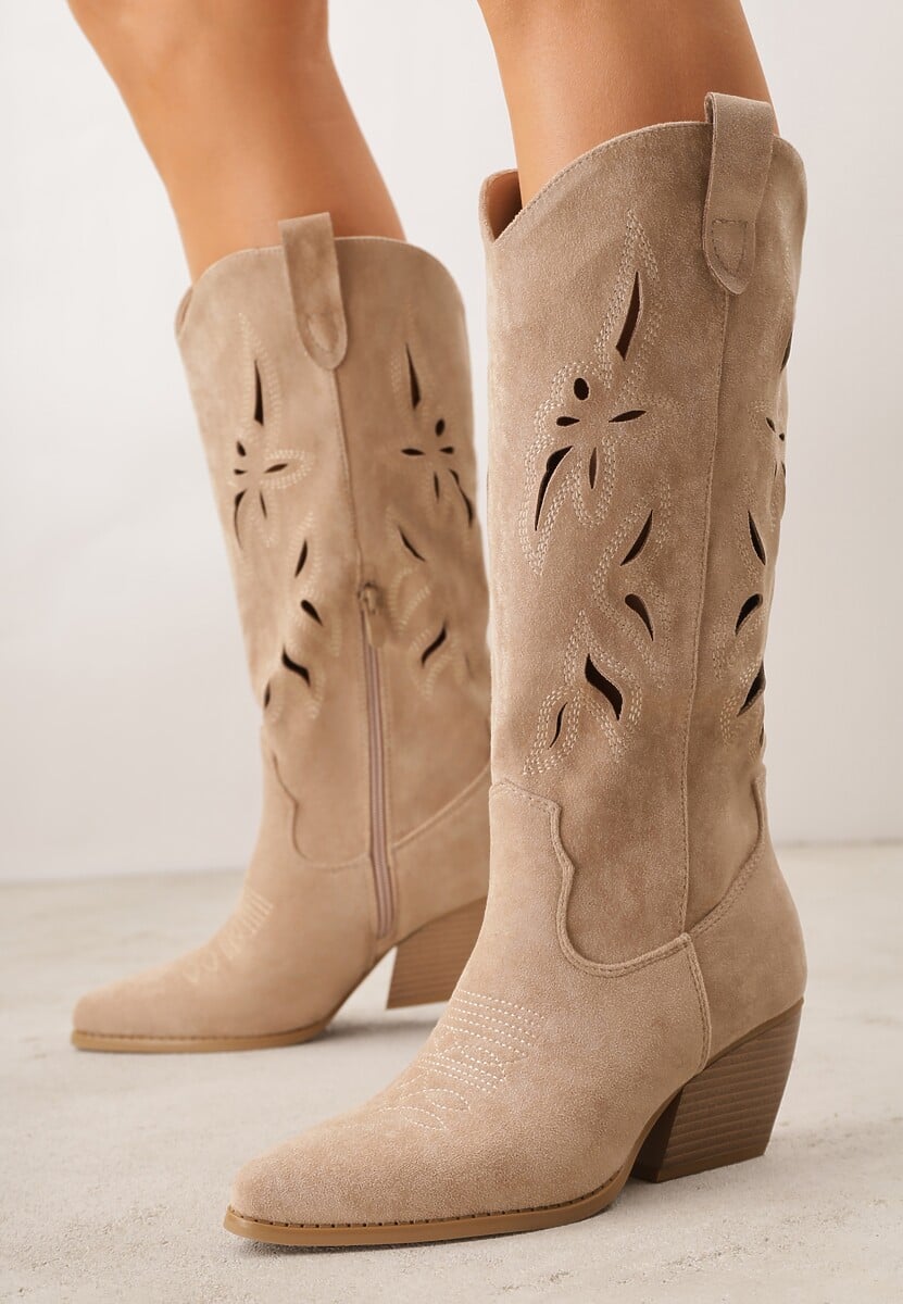 Ciemnobeżowe Ażurowe Kozaki Kowbojki na Obcasie typu Stożek Tidrina 1