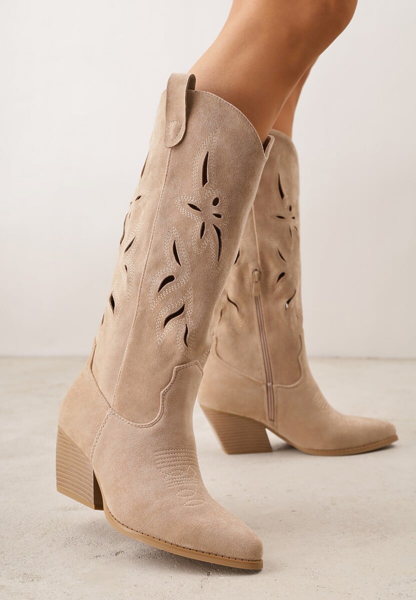 Ciemnobeżowe Ażurowe Kozaki Kowbojki na Obcasie typu Stożek Tidrina 2