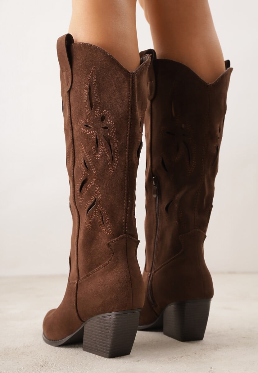 Brązowe Ażurowe Kozaki Kowbojki na Obcasie typu Stożek Tidrina 3