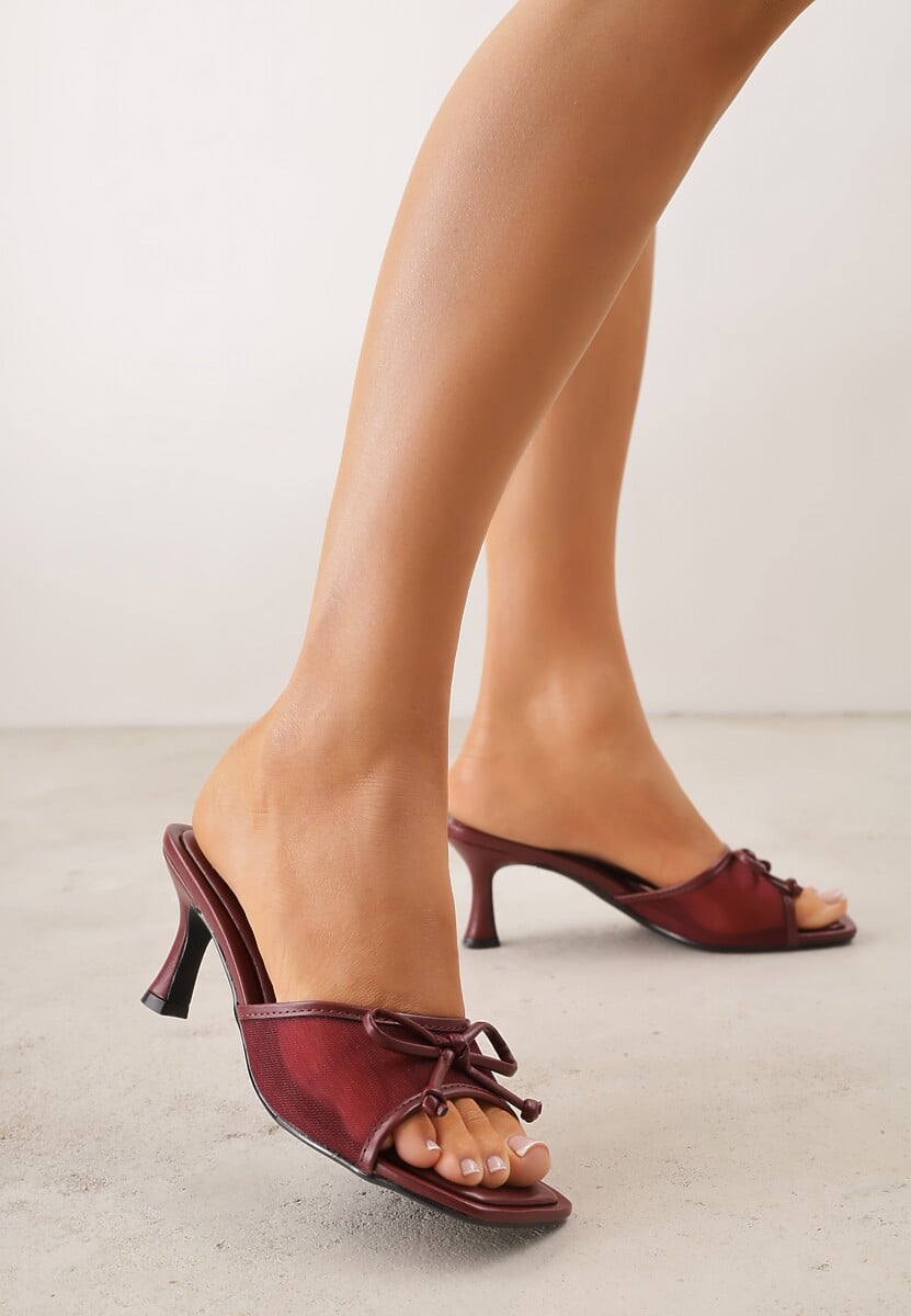 Bordowo-Czerwone Klapki na Szpilce z Siateczkową Cholewką i Kokardą Brefia 2