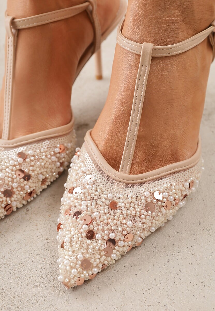 Beżowe Eleganckie Szpilki na Szpilce z Siateczkowym Noskiem z Koralikami Riosira 3