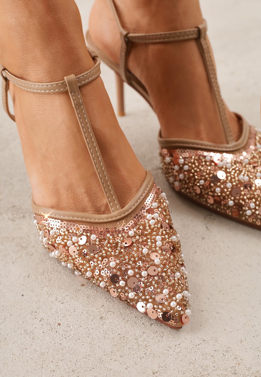 Ciemnobeżowe Eleganckie Szpilki na Szpilce z Siateczkowym Noskiem z Koralikami Riosira 3