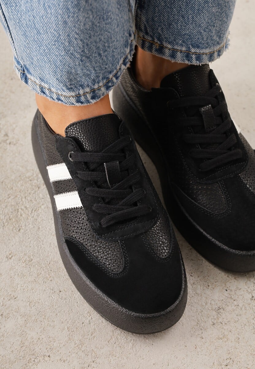 Czarne Sneakersy ze Skóry Naturalnej na Platformie z Perforacją  i Paskami Urevla 3