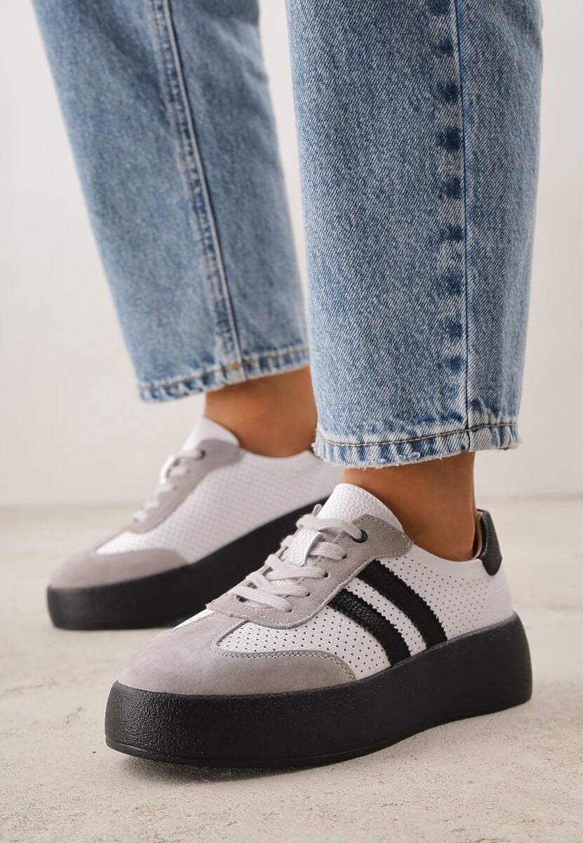 Biało-Szare Sneakersy ze Skóry Naturalnej na Platformie z Perforacją  i Paskami Urevla 2