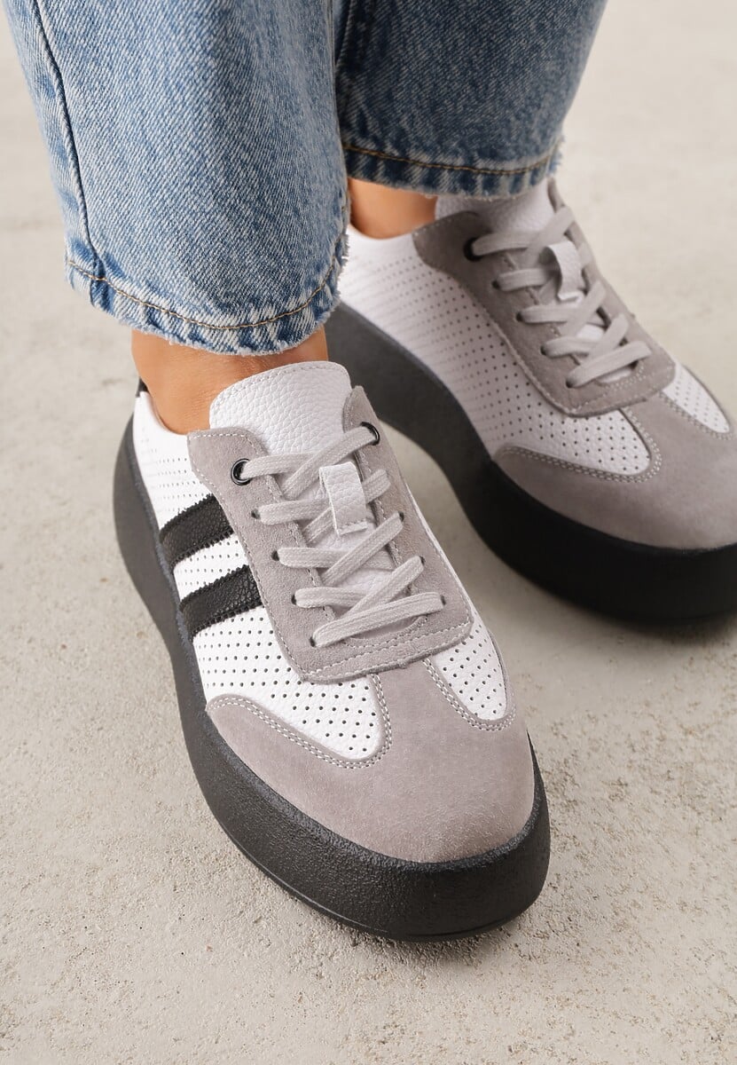 Biało-Szare Sneakersy ze Skóry Naturalnej na Platformie z Perforacją  i Paskami Urevla 3