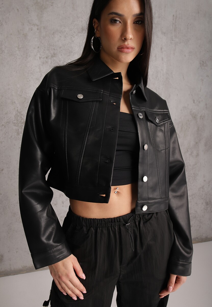 Czarna Kurtka Ramoneska Cropped o Fasonie Koszulowym Savarinda 1