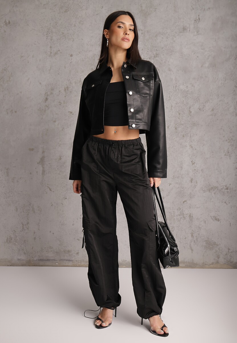 Czarna Kurtka Ramoneska Cropped o Fasonie Koszulowym Savarinda 2