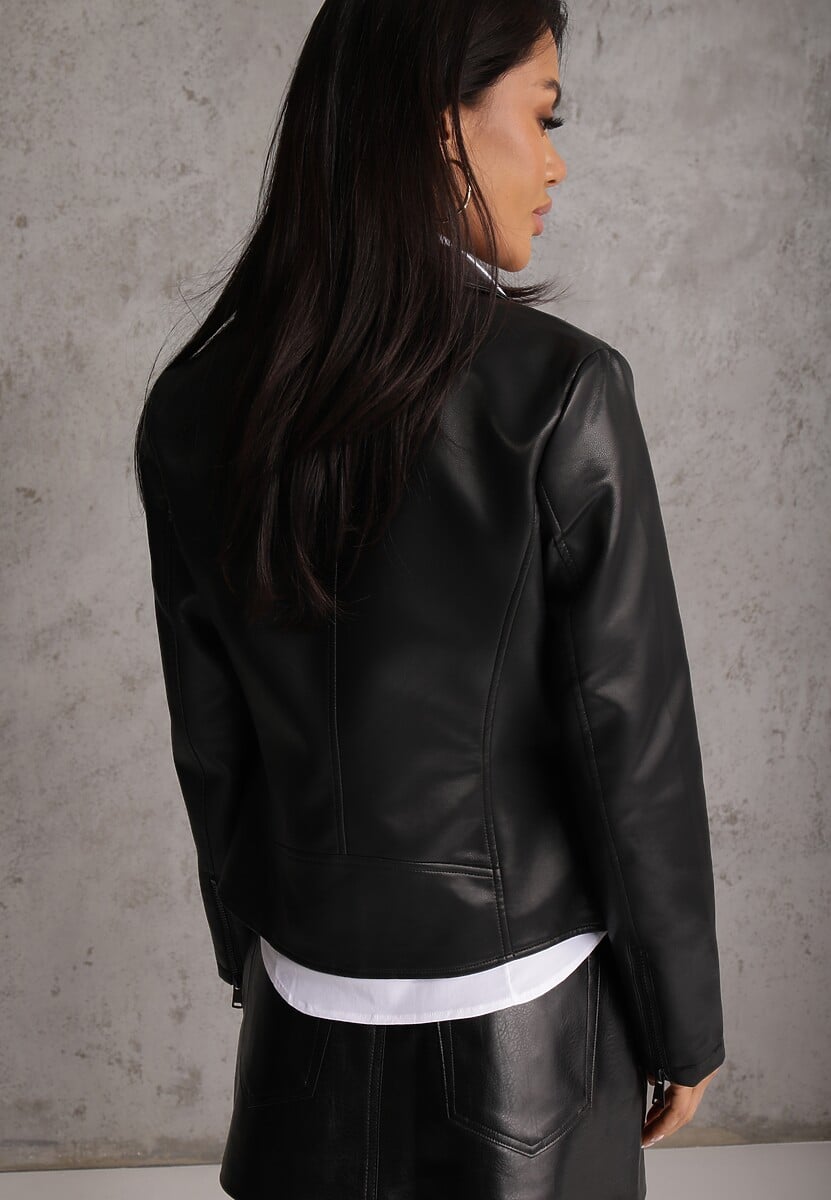 Czarna Taliowana Kurtka Ramoneska z Suwakami na Mankietach Leanelora 3