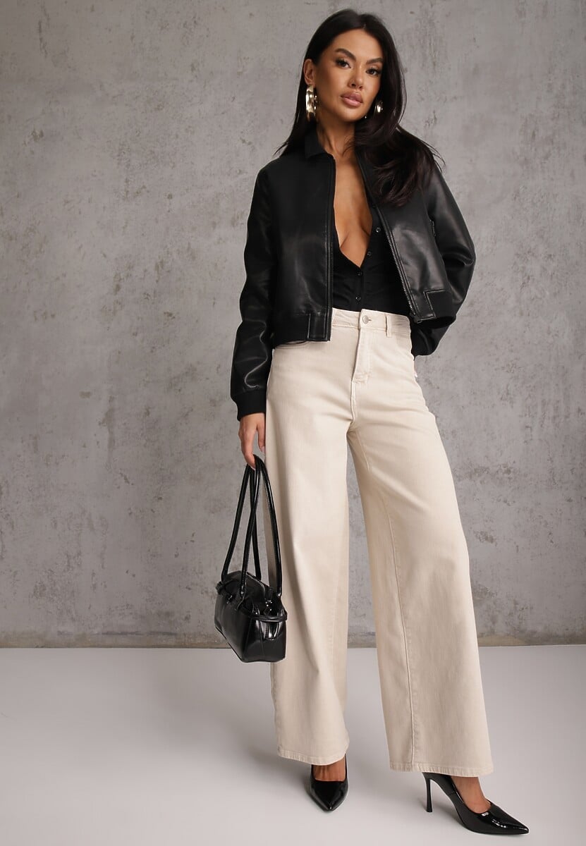 Czarna Kurtka Przejściowa Typu Bomber Jacket z Imitacji Skóry Izaria 2