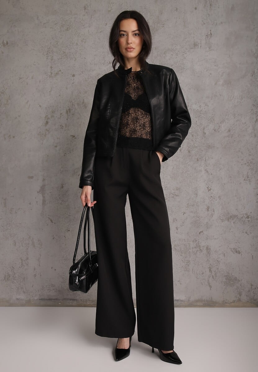 Czarna Taliowana Kurtka Ramoneska Y2K ze Stójką Fezilae 2