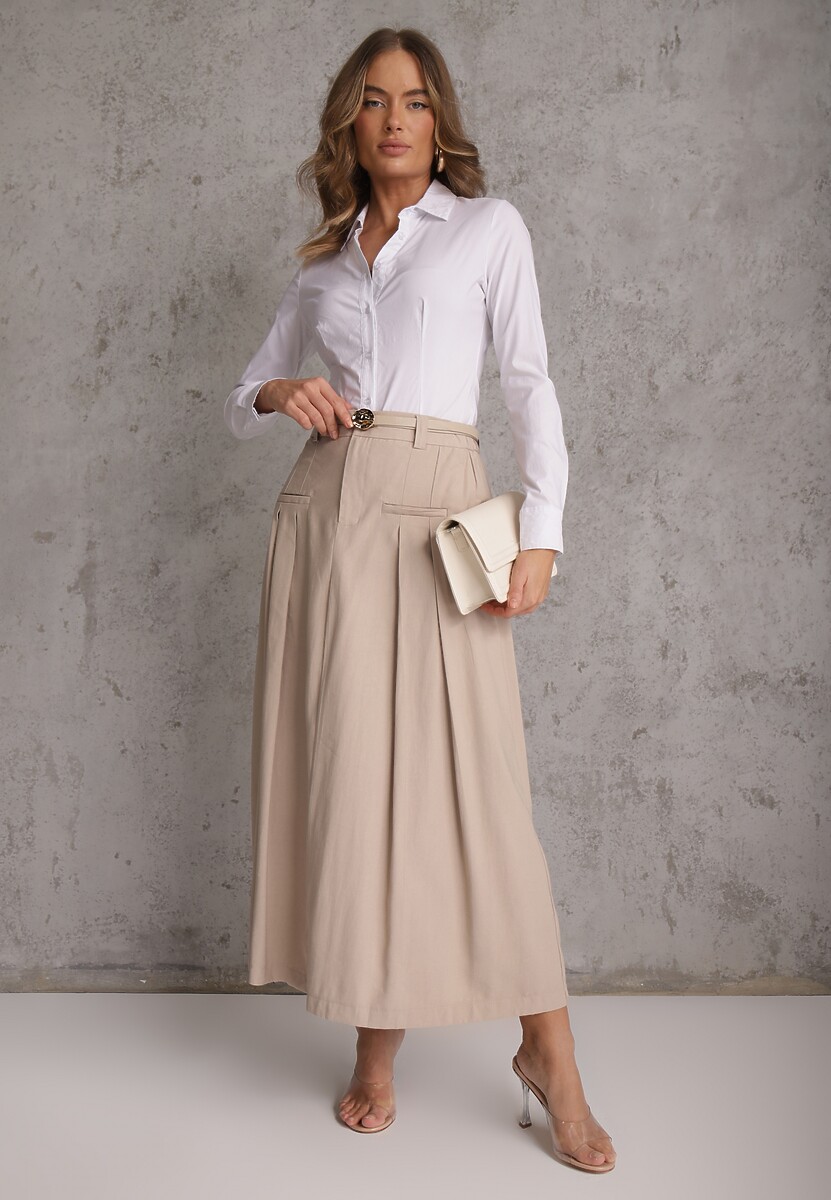 Beżowa Rozkloszowana Spódnica z Wiskozy Zdobiona Plisami i Paskiem Durklea 1