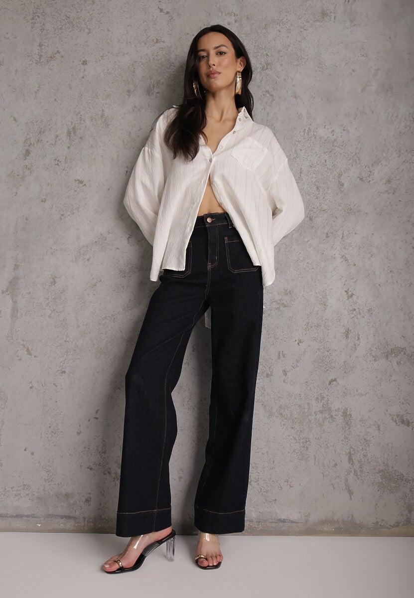 Biała Koszula z Wiskozy z Domieszką Lnu ze Strukturalnego Materiału Sewrita 2