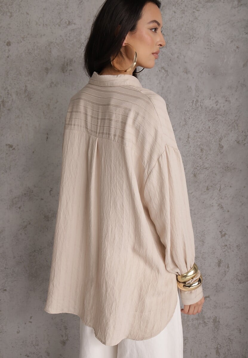 Beżowa Koszula z Wiskozy z Domieszką Lnu ze Strukturalnego Materiału Sewrita 3