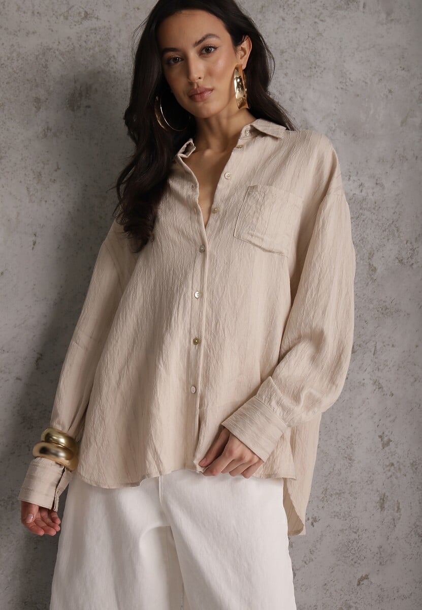 Beżowa Koszula z Wiskozy z Domieszką Lnu ze Strukturalnego Materiału Sewrita 2