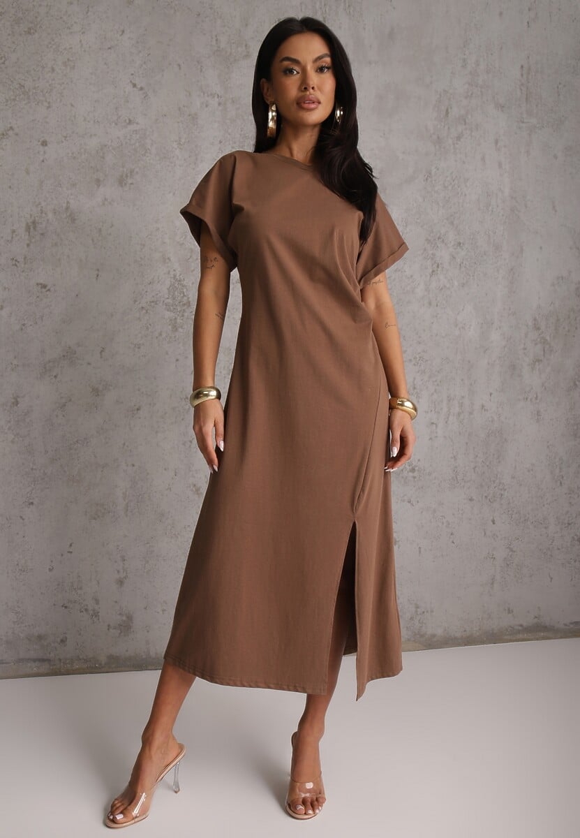 Brązowa Rozkloszowana Sukienka Zdobiona Drapowaniem w Talii i Rozcięciem Uziola 1