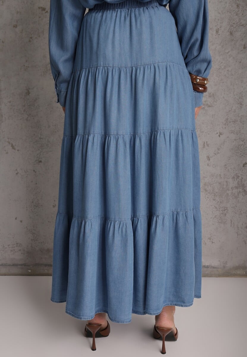 Niebieska Spódnica Rozkloszowana z Lyocellu High Waist Ozdobiona Falbanami Ravienne 3