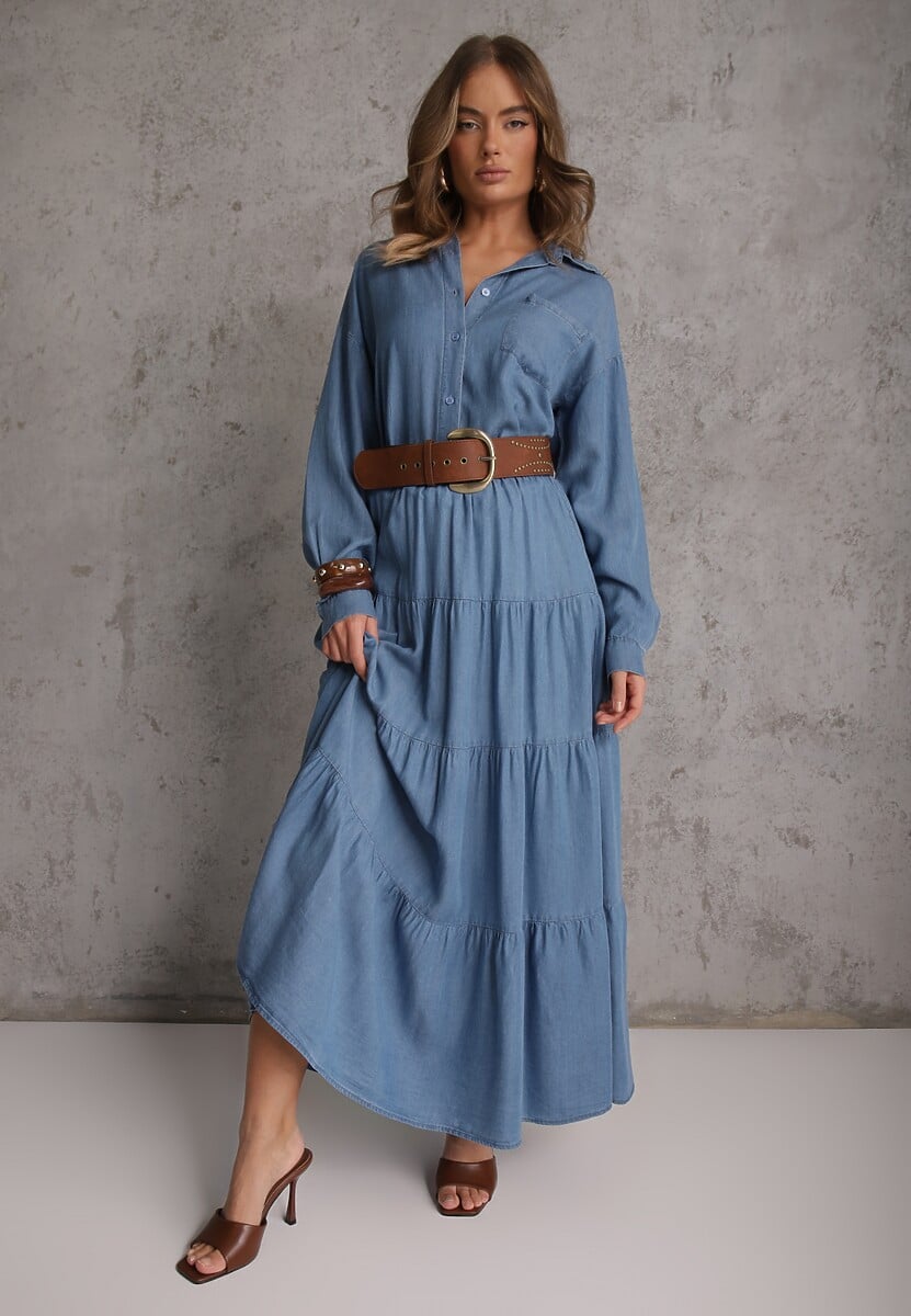 Niebieska Spódnica Rozkloszowana z Lyocellu High Waist Ozdobiona Falbanami Ravienne 1