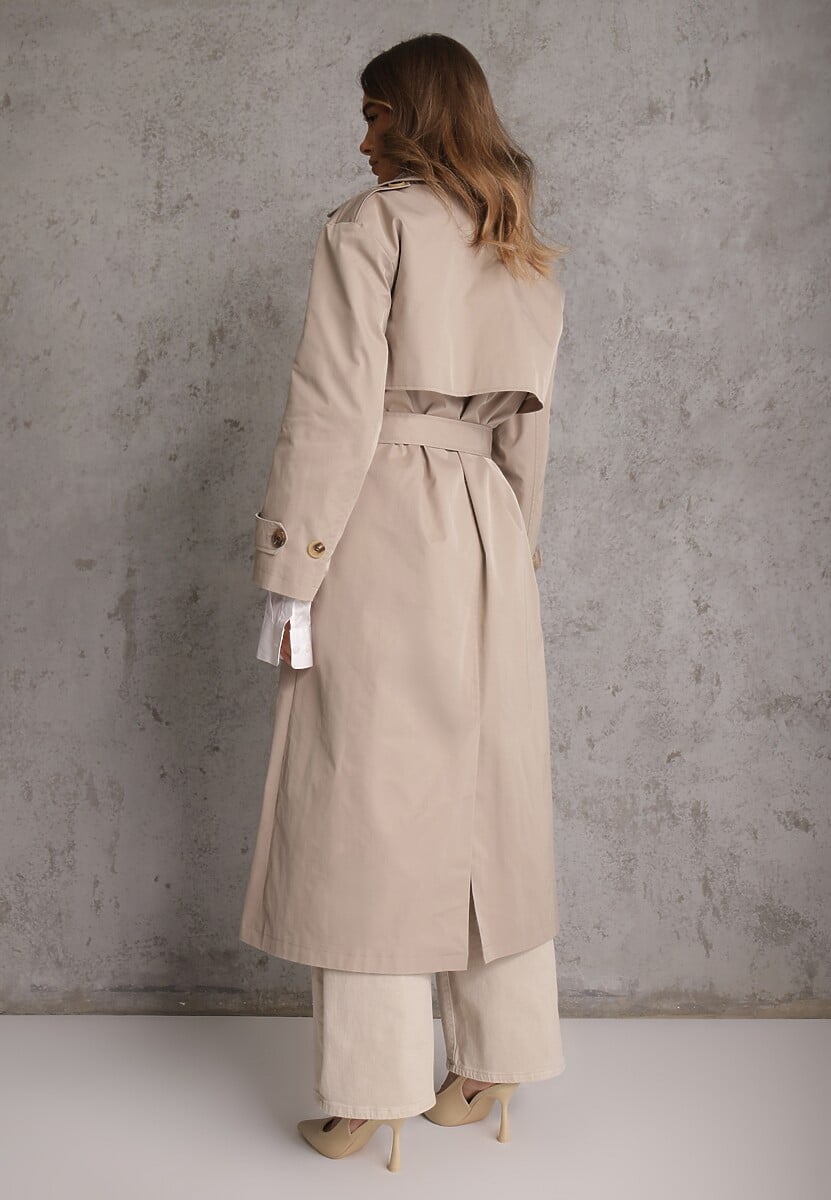 Beżowy Płaszcz Trencz z Bawełny i Wiskozy z Wiązanym Paskiem i Klapą Lissien 3