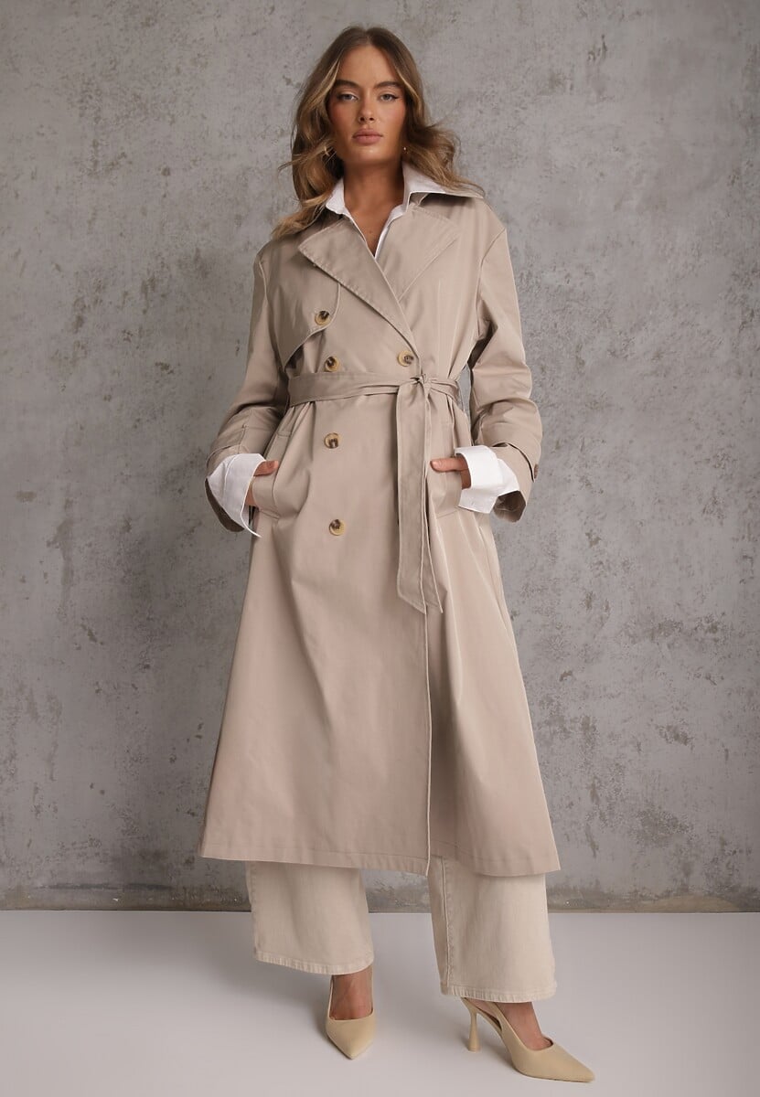 Beżowy Płaszcz Trencz z Bawełny i Wiskozy z Wiązanym Paskiem i Klapą Lissien 1