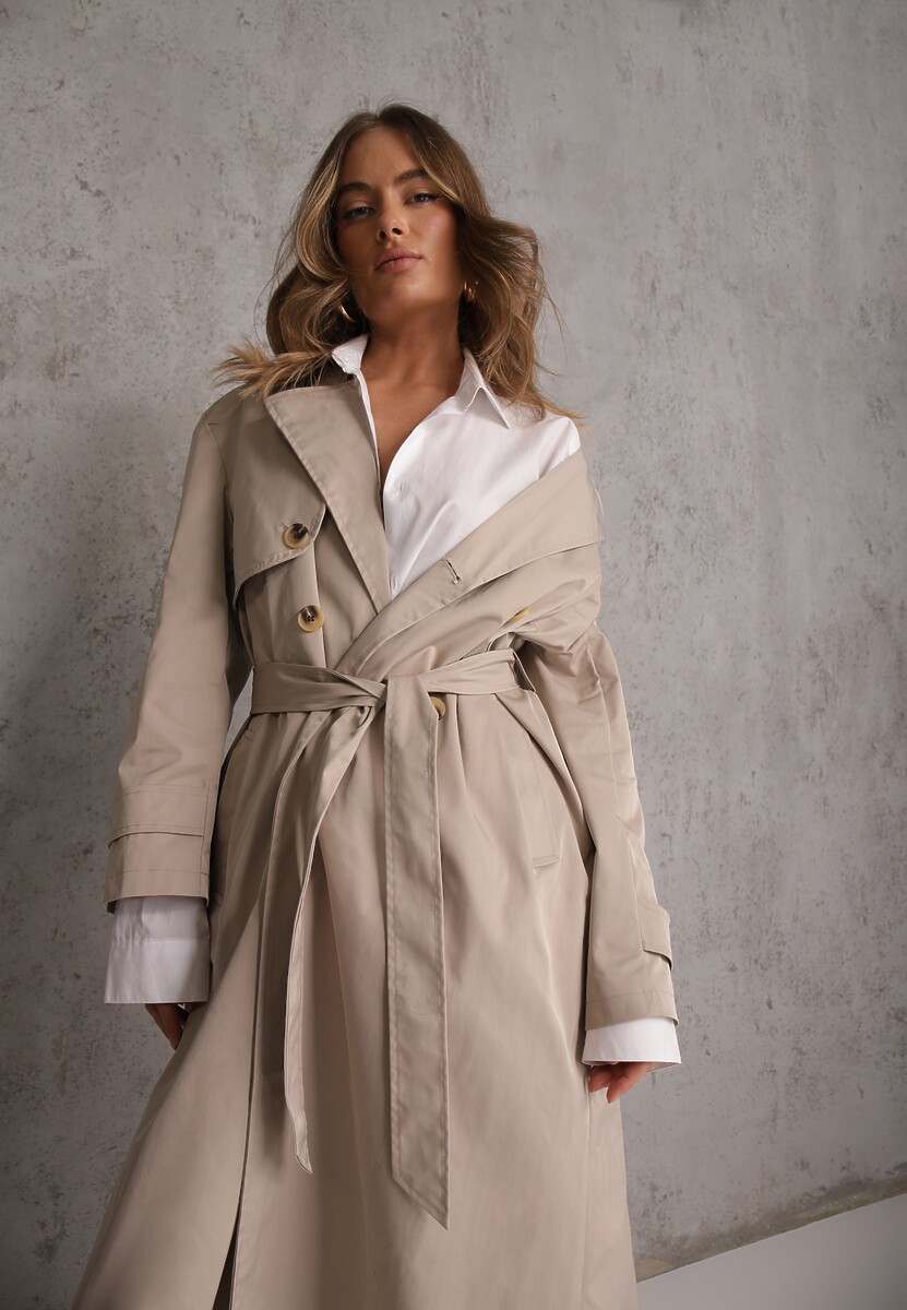 Beżowy Płaszcz Trencz z Bawełny i Wiskozy z Wiązanym Paskiem i Klapą Lissien 2