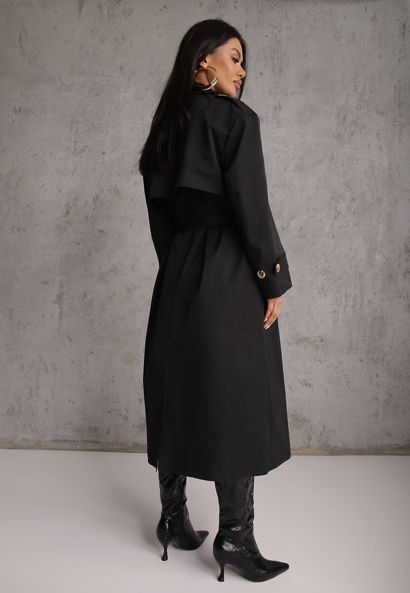 Czarny Płaszcz Trencz z Bawełny i Wiskozy z Wiązanym Paskiem i Klapą Lissien 3