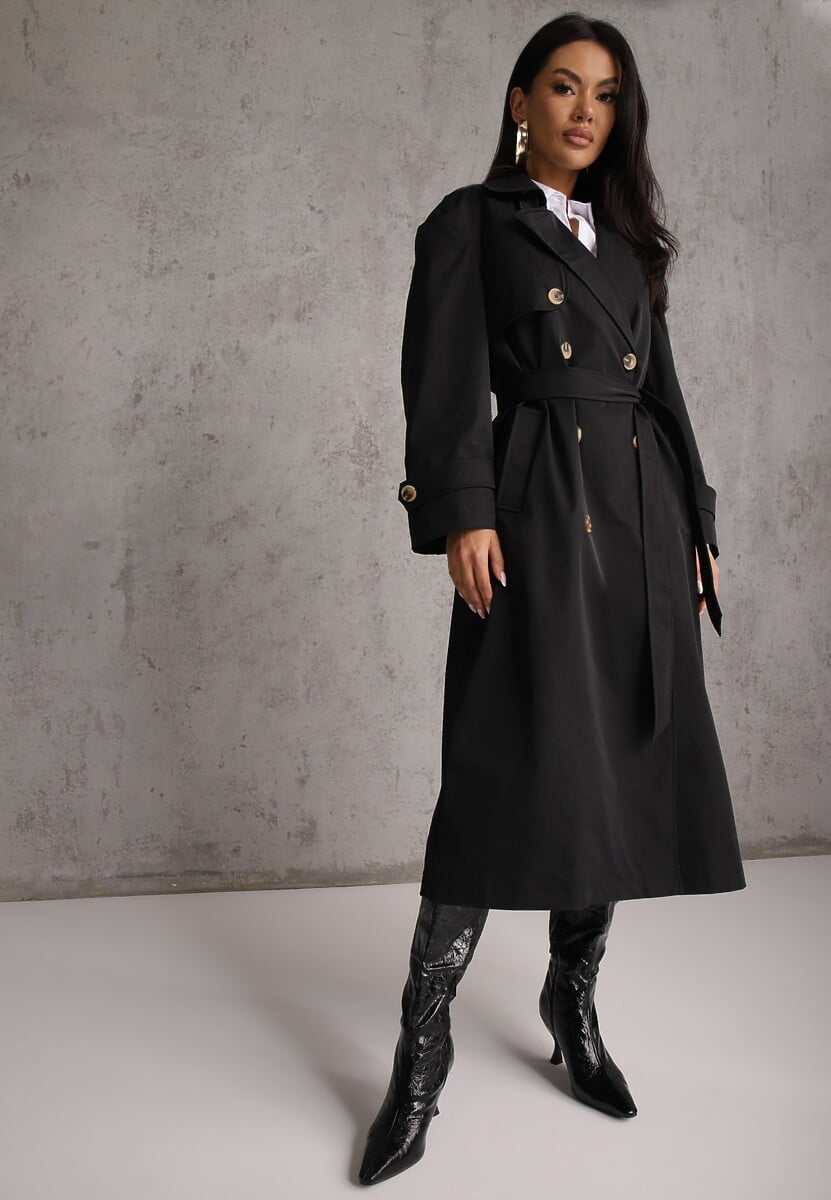 Czarny Płaszcz Trencz z Bawełny i Wiskozy z Wiązanym Paskiem i Klapą Lissien 1