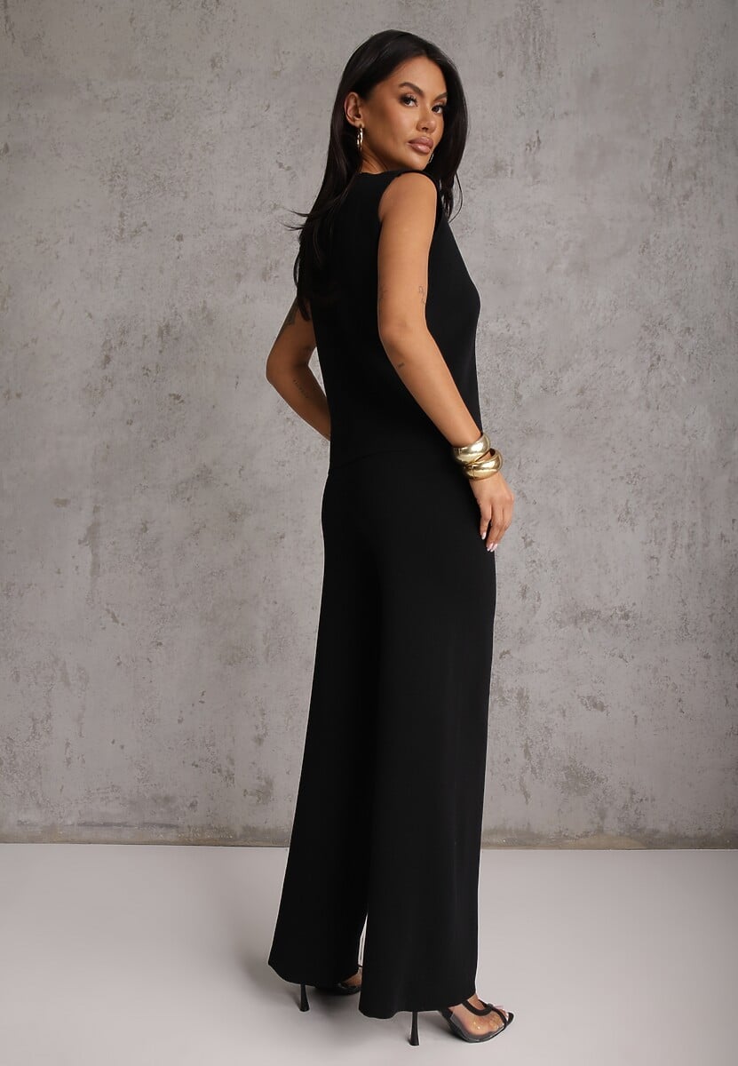 Czarny Komplet z Wiskozą Szerokie Spodnie i Kamizelka z Aplikacjami 3D Hirimi 3