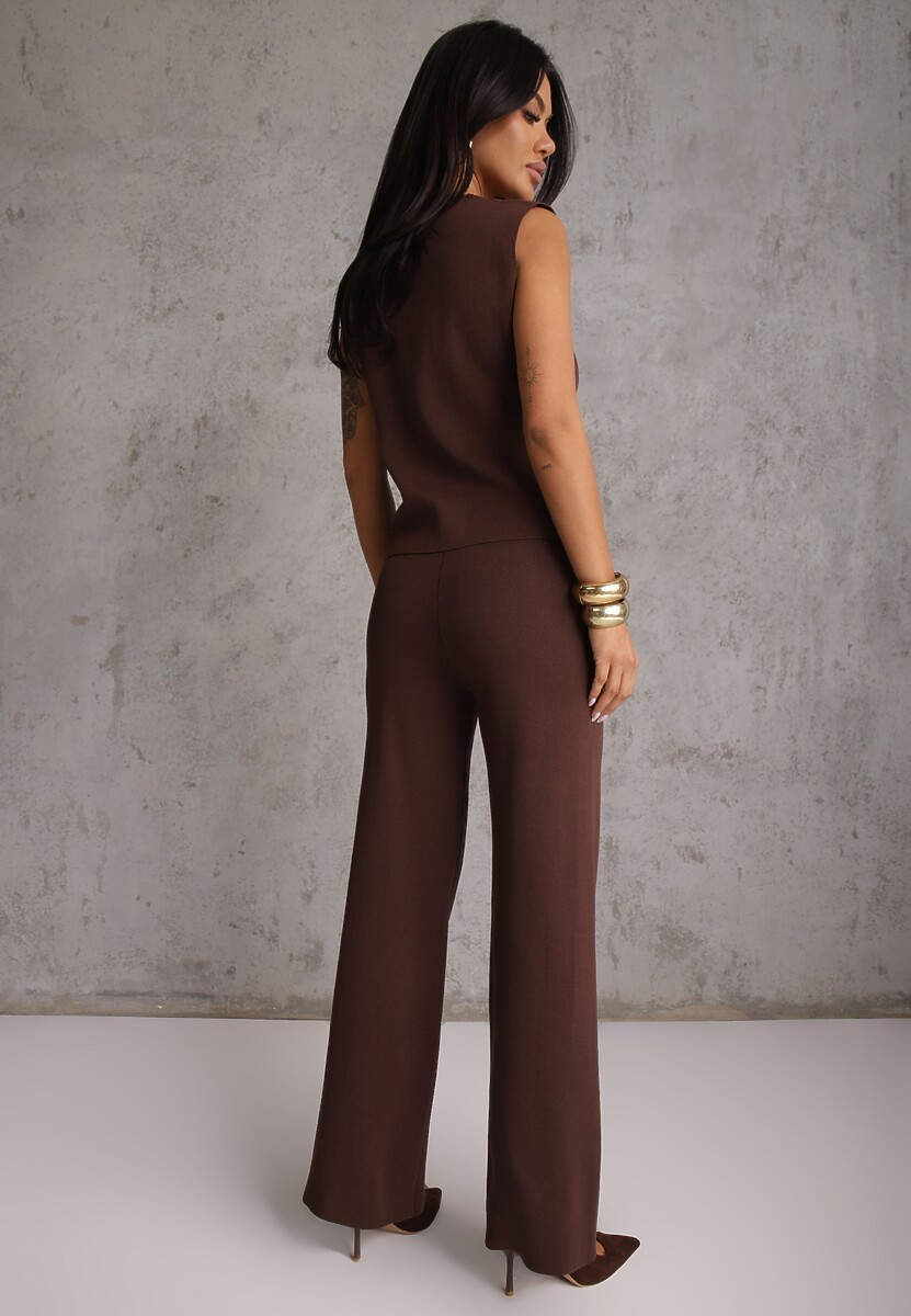 Brązowy Komplet z Wiskozą Szerokie Spodnie i Kamizelka z Aplikacjami 3D Hirimi 3