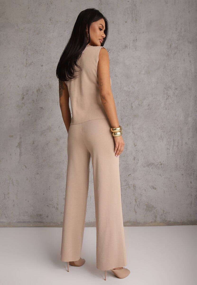 Jasnobrązowy Komplet z Wiskozą Szerokie Spodnie i Kamizelka z Aplikacjami 3D Hirimi 3