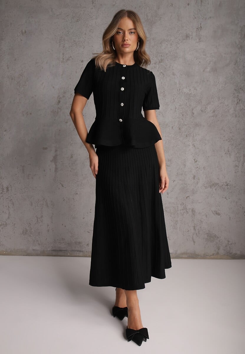 Czarny Komplet z Wiskozą Bluzka z Guzikami i Baskinką i Spódnica Narinna 1