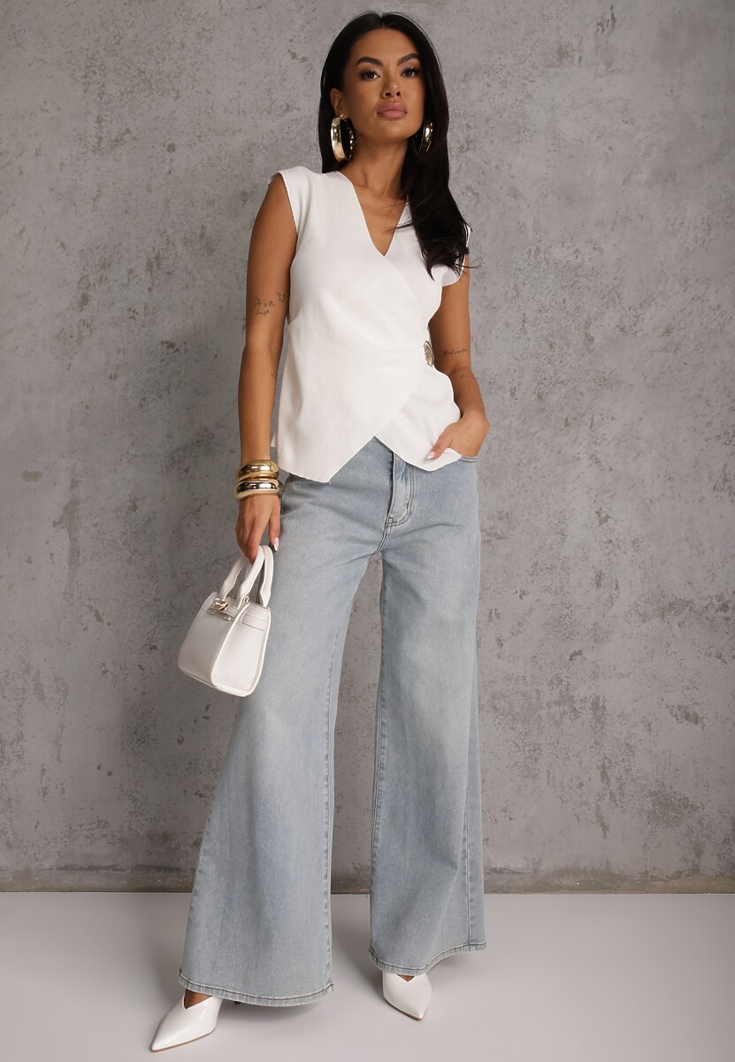 Biała Kopertowa Bluzka z Wiskozą Ozdobiona Metaliczną Aplikacją Sanadra 2