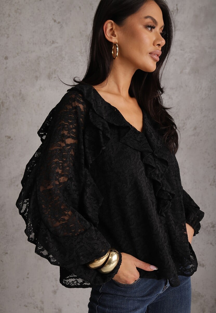 Czarna Koronkowa Bluzka z Falbankami Sewrana 1
