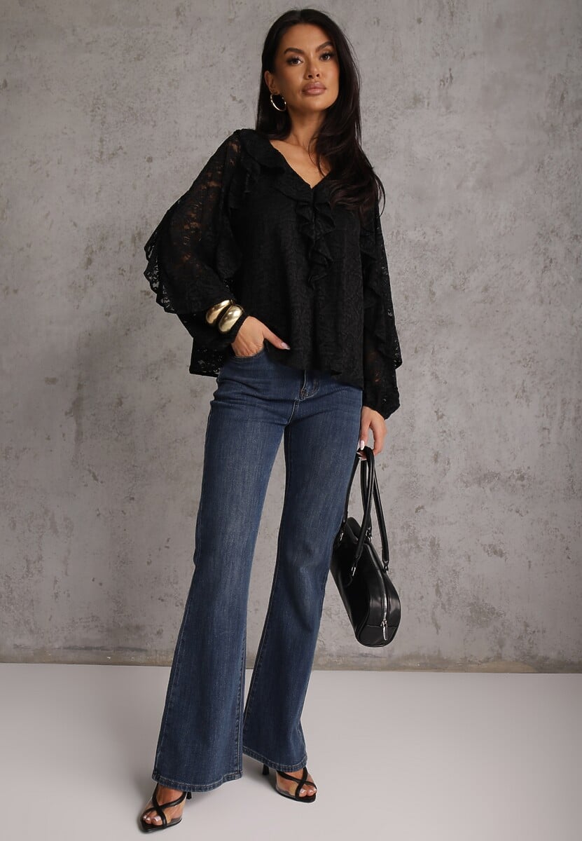 Czarna Koronkowa Bluzka z Falbankami Sewrana 2