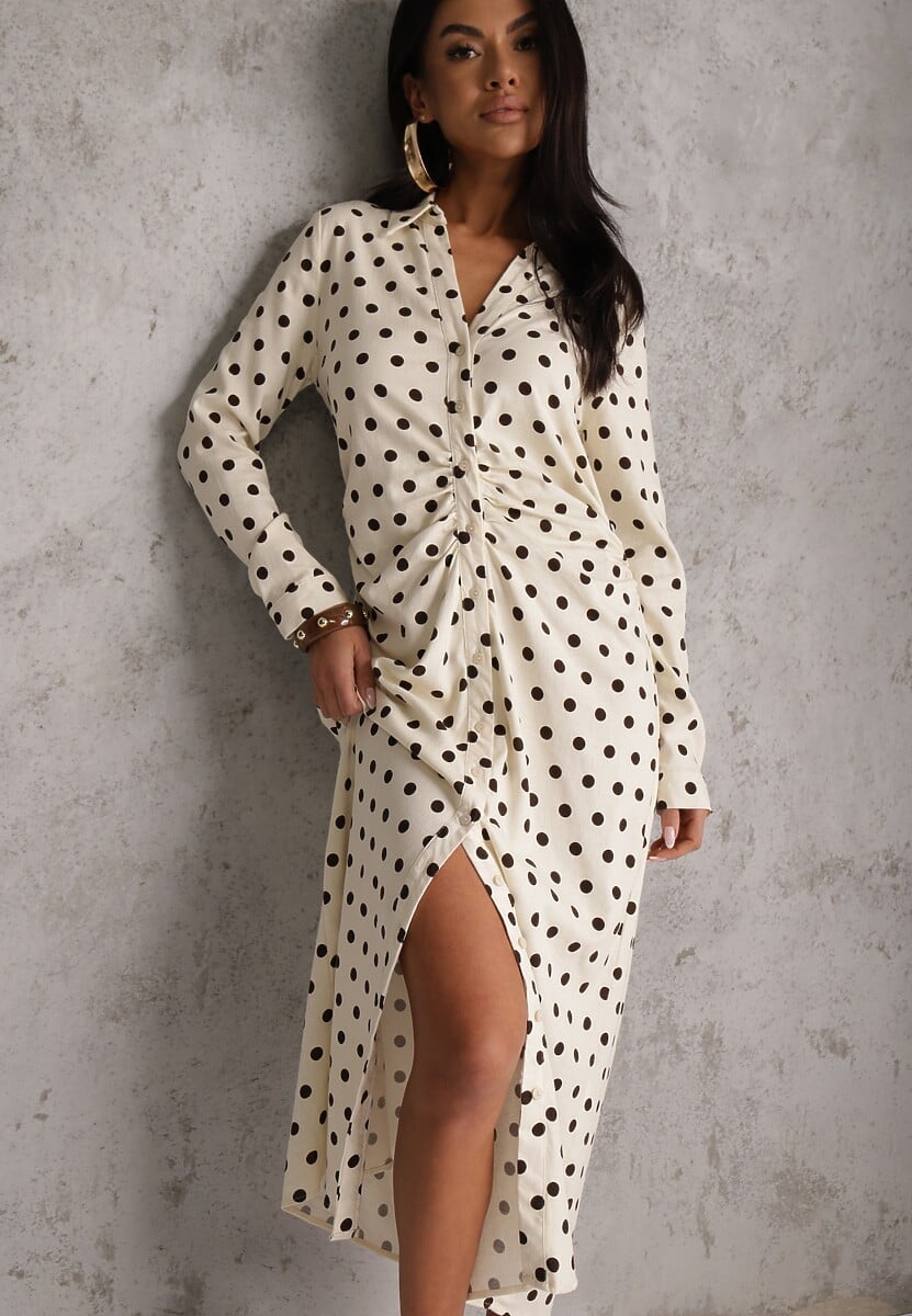 Beżowy Koszulowa Sukienka z Wiskozy z Dodatkiem Lnu z Drapowaną Talią Edrilith 1