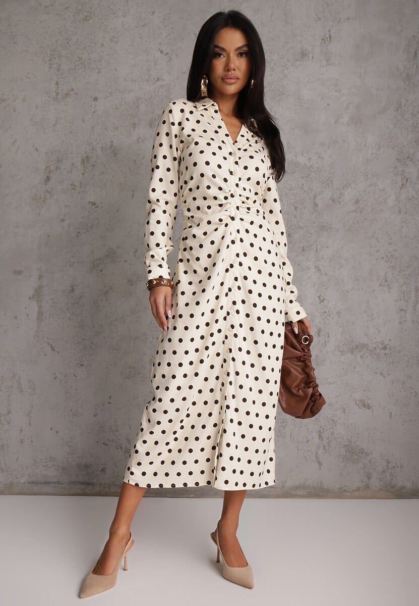 Beżowy Koszulowa Sukienka z Wiskozy z Dodatkiem Lnu z Drapowaną Talią Edrilith 2