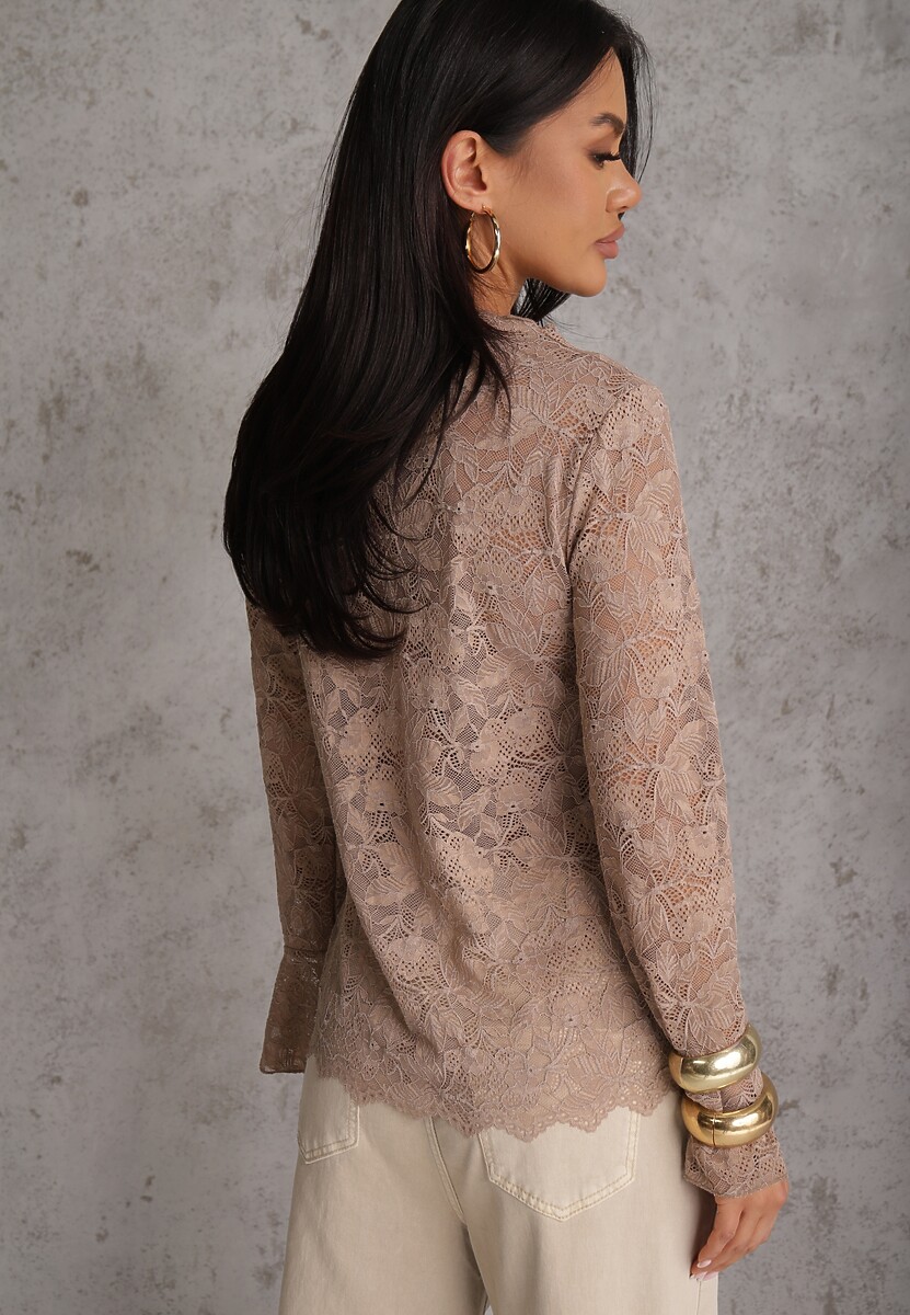 Brązowa Bluzka z Koronki Ozdobiona Rozkloszowanymi Rękawami i Falbanką na Dole Sanovia 3