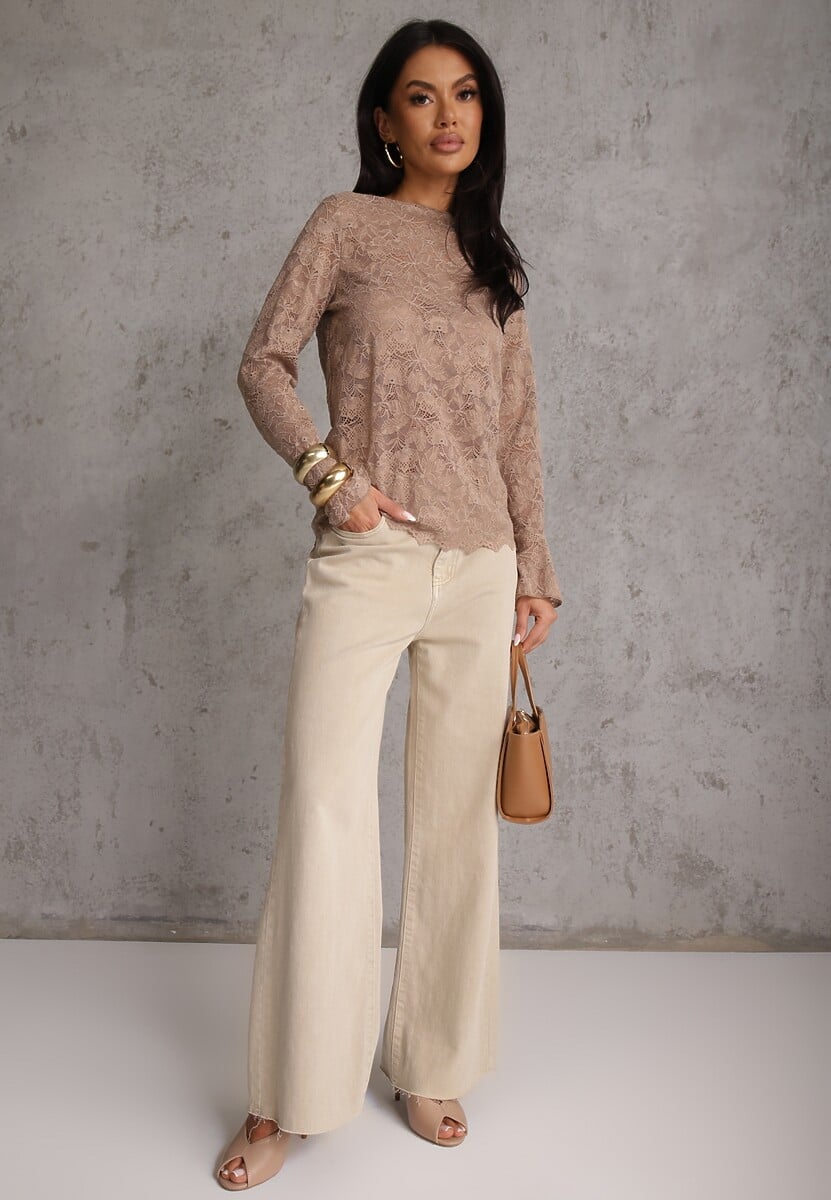 Brązowa Bluzka z Koronki Ozdobiona Rozkloszowanymi Rękawami i Falbanką na Dole Sanovia 2