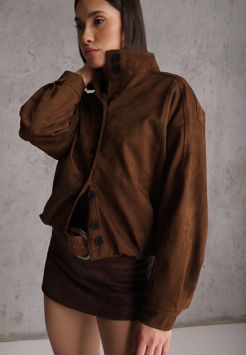 Brązowa Kurtka Bomber Jacket Ozdobiona Guzikami Quilimi 1