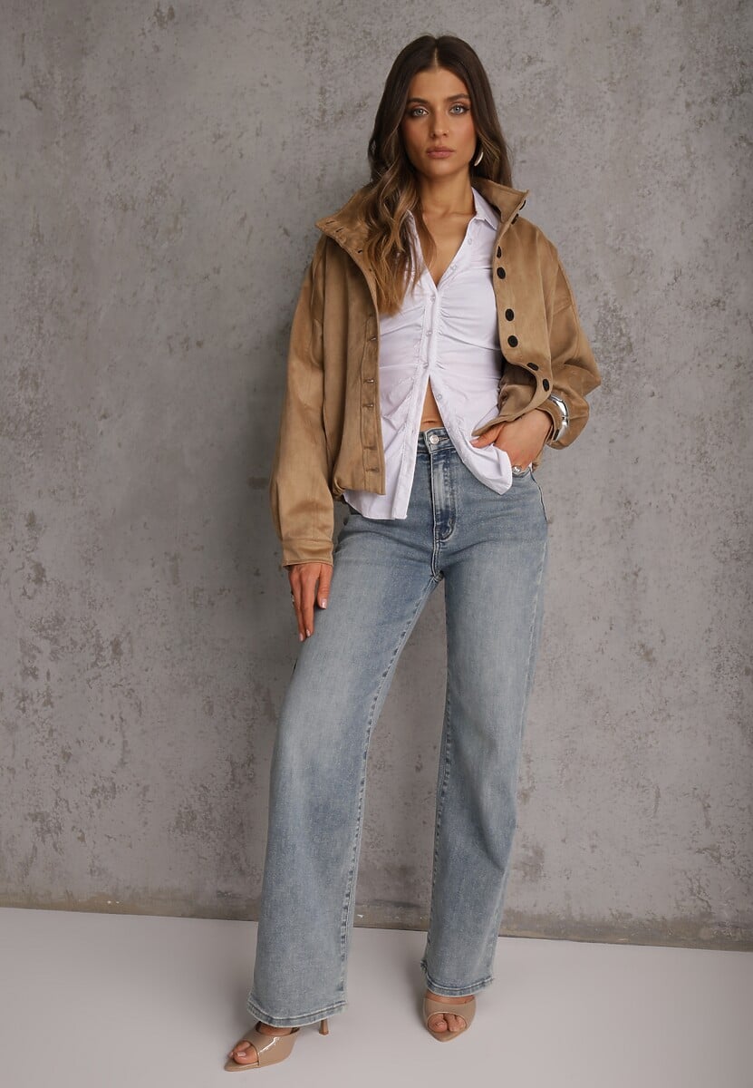 Jasnobrązowa Kurtka Bomber Jacket Ozdobiona Guzikami Quilimi 2