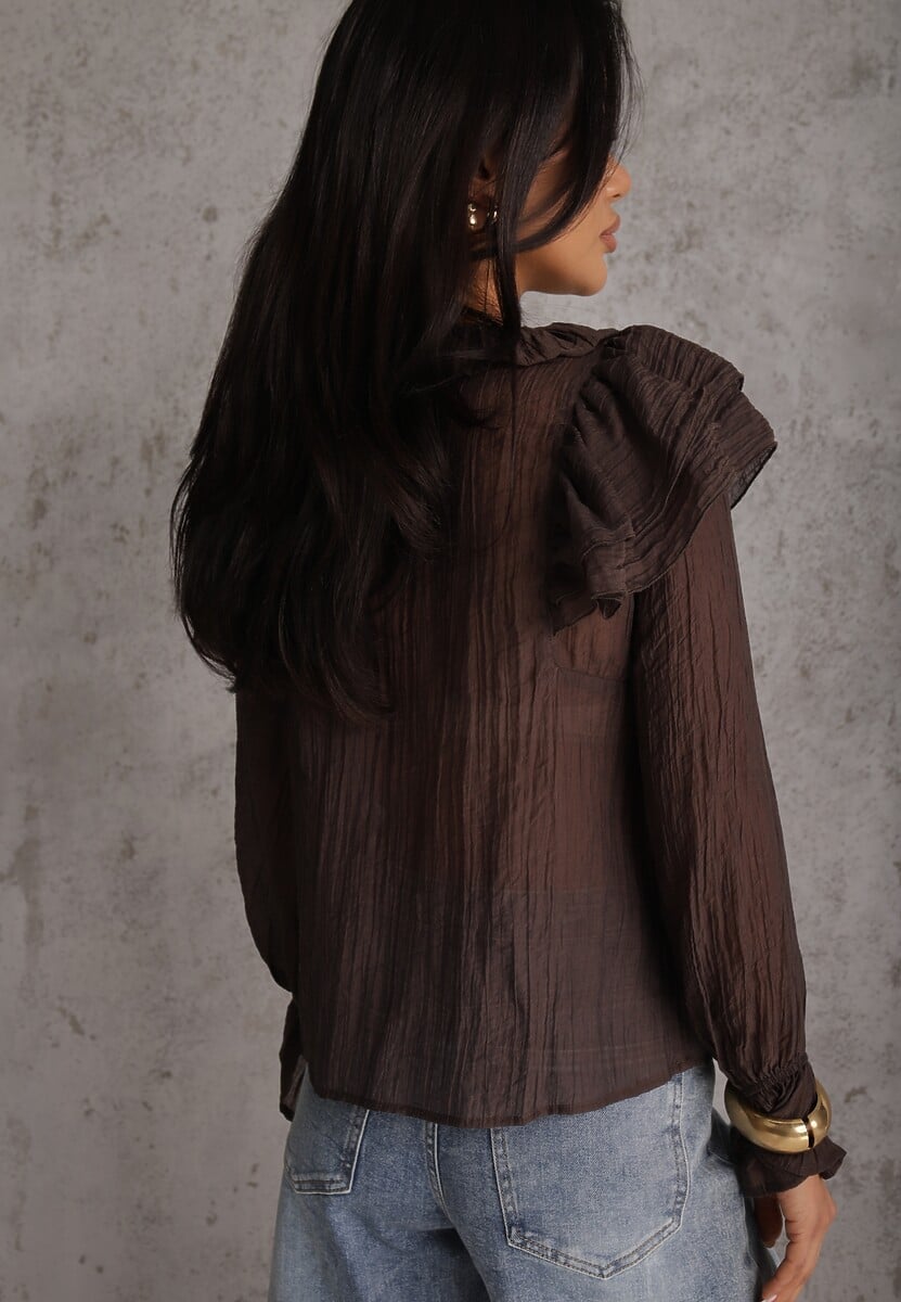 Brązowa Bluzka z Lyocellem w Stylu Boho z Wiązaniem pod Szyją i Falbanami Tasimi 3