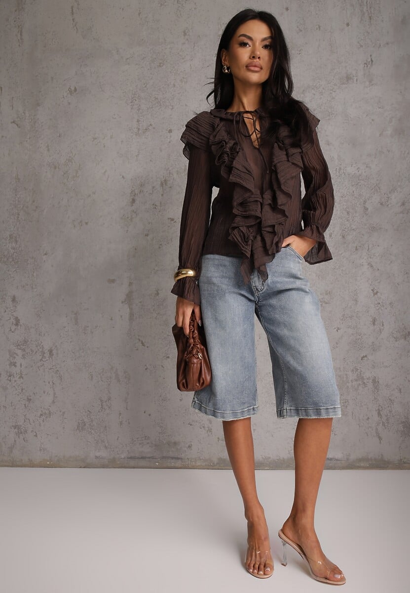 Brązowa Bluzka z Lyocellem w Stylu Boho z Wiązaniem pod Szyją i Falbanami Tasimi 2
