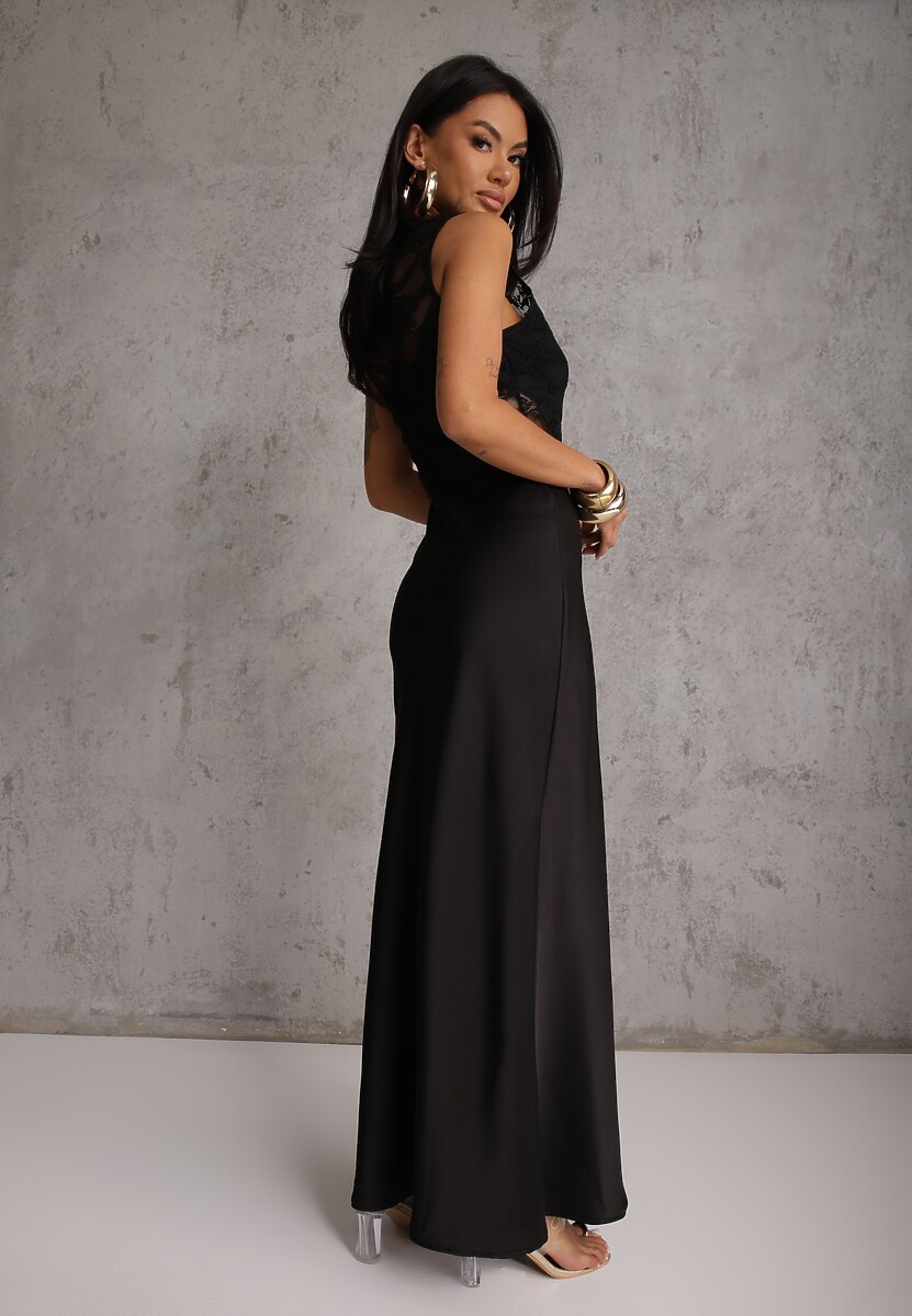 Czarna Dopasowana Sukienka Wieczorowa z Koronowymi Zdobieniami Bermina 3