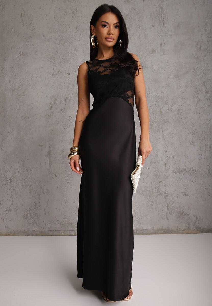 Czarna Dopasowana Sukienka Wieczorowa z Koronowymi Zdobieniami Bermina 2
