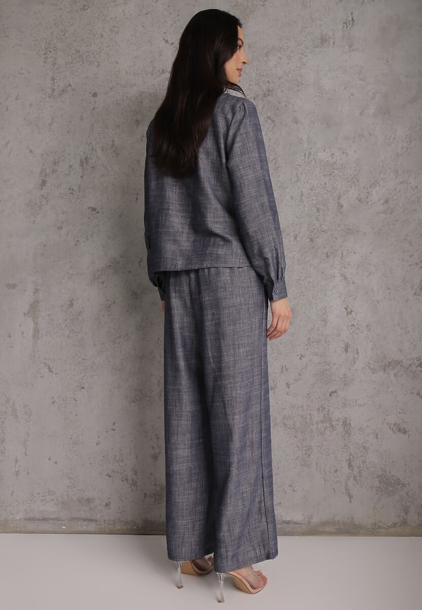 Niebieski Komplet z Wiskozą Bawełną i Lnem Wiązana Koszula i Szerokie Spodnie Ravisela 3