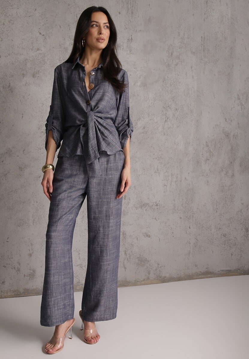 Niebieski Komplet z Wiskozą Bawełną i Lnem Wiązana Koszula i Szerokie Spodnie Ravisela 1