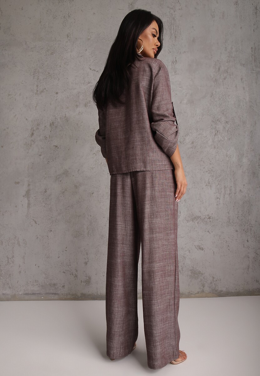 Brązowy Komplet z Wiskozą Bawełną i Lnem Wiązana Koszula i Szerokie Spodnie Ravisela 3