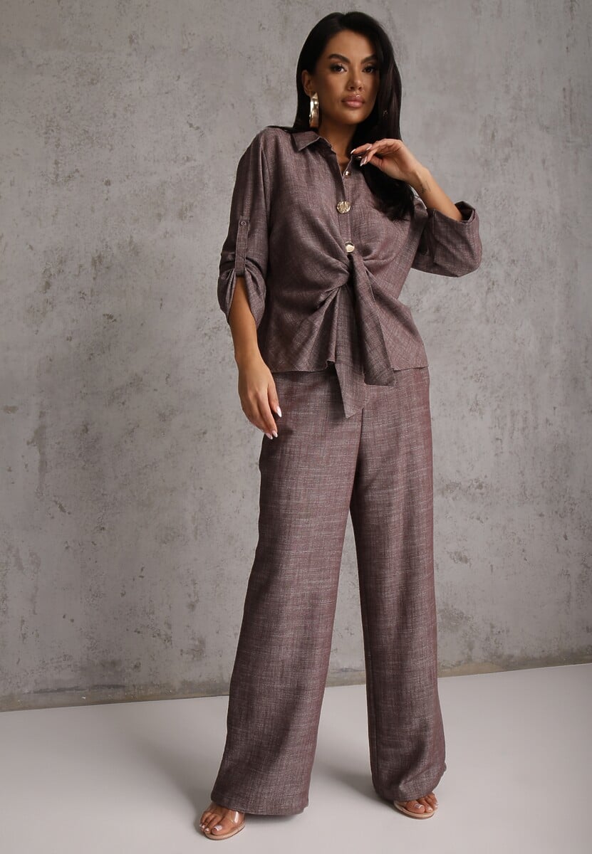 Brązowy Komplet z Wiskozą Bawełną i Lnem Wiązana Koszula i Szerokie Spodnie Ravisela 1