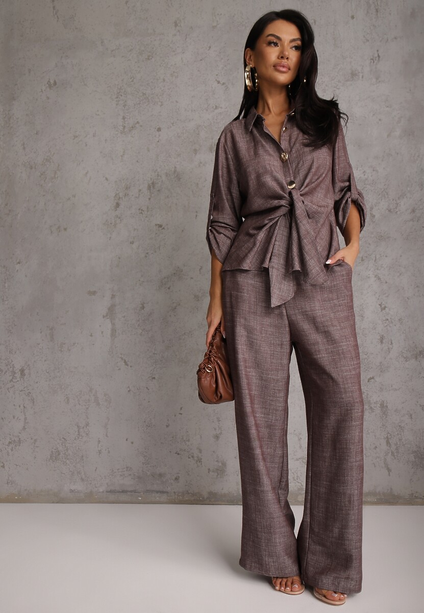 Brązowy Komplet z Wiskozą Bawełną i Lnem Wiązana Koszula i Szerokie Spodnie Ravisela 2